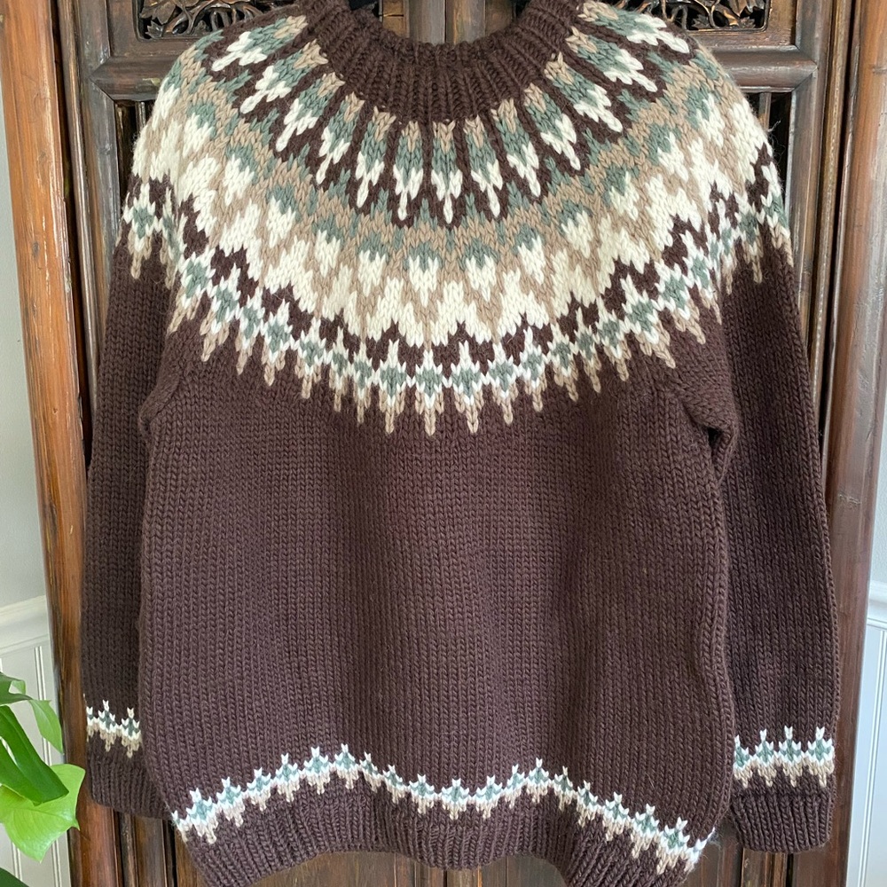 Handmade 100% Wool Nordic Sweater – Brown Fair Isle Yoke Knit Pullover size S/M
